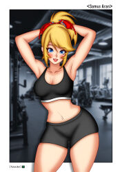 Rule 34 | 1girl, arms up, blonde hair, blue eyes, blush, breasts, character name, cleavage, gloves, grin, gym, highres, looking at viewer, medium breasts, metroid, midriff, nintendo, ponytail, samus aran, shorts, smile, solo, standing, super metroid, thigh gap, thighs