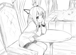 Rule 34 | 1girl, blunt bangs, blush, bush, capelet, chair, closed mouth, commentary request, dress, elbows on knees, elf, flower, greyscale, hair flower, hair ornament, hair ribbon, hairclip, head rest, legs together, long hair, looking at viewer, monochrome, original, pointy ears, ribbon, sitting, sketch, smile, solo, table, yuki arare