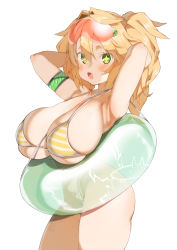 Rule 34 | 1girl, armpits, arms up, bikini, blonde hair, breasts, cleavage, goggles, goggles on head, green eyes, hair between eyes, highres, huge breasts, innertube, kz oji, long hair, looking at viewer, open mouth, original, simple background, skindentation, solo, standing, string bikini, striped bikini, striped clothes, swim ring, swimsuit, thighs, transparent, white background, yellow bikini