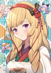 Rule 34 | 3girls, :d, ^ ^, ahoge, animal ear fluff, athena (granblue fantasy), black bow, blonde hair, blush, bow, braid, breasts, chibi, closed eyes, closed mouth, commentary request, floral background, granblue fantasy, green kimono, hair between eyes, hair bow, hairband, headpiece, highres, japanese clothes, kimono, long hair, looking at viewer, medium breasts, medusa (shingeki no bahamut), multiple girls, open mouth, purple eyes, purple hair, red eyes, red hairband, satyr (granblue fantasy), smile, striped, striped bow, twin braids, twintails, uneg, upper body