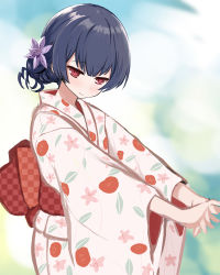 Rule 34 | 1girl, abe kanari, black hair, blush, bow, checkered bow, checkered clothes, closed mouth, copyright request, flower, hair flower, hair ornament, head tilt, interlocked fingers, japanese clothes, kimono, long sleeves, print kimono, purple flower, red bow, red eyes, smile, solo, unmoving pattern, white kimono, wide sleeves