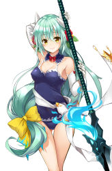 Rule 34 | 1girl, absurdres, aqua hair, arm up, blossomsa, blue one-piece swimsuit, blush, bow, breasts, choker, cleavage, covered erect nipples, cowboy shot, detached collar, elbow gloves, fate/grand order, fate (series), floating hair, flower, gloves, gluteal fold, hair between eyes, hair bow, hair flower, hair ornament, highres, holding, holding weapon, horns, kiyohime (fate), kiyohime (fate/grand order), kiyohime (swimsuit lancer) (fate), kiyohime (swimsuit lancer) (second ascension) (fate), long hair, looking at viewer, one-piece swimsuit, polearm, red bow, red flower, sideboob, simple background, smile, solo, spear, standing, swimsuit, very long hair, weapon, white background, white gloves, yellow bow, yellow eyes
