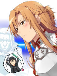 Rule 34 | &gt;:&lt;, 0 0, 10s, 1girl, :&lt;, armor, asuna (sao), blush, braid, breastplate, brown eyes, brown hair, chibi, closed mouth, dual wielding, gendou pose, half updo, hands clasped, heart, heathcliff (sao), holding, kirito, komase (jkp423), long hair, own hands clasped, own hands together, spoken thought, sword, sword art online, thought bubble, v-shaped eyebrows, weapon, white armor