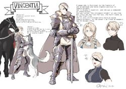 Rule 34 | 1girl, absurdres, animal, armor, armored boots, ascot, blonde hair, blue eyes, boots, breastplate, cape, character age, character name, character sheet, closed mouth, dog, english text, eyepatch, fantasy, female knight, full body, highres, horse, knight, open mouth, original, pauldrons, reverse trap, saddle, serious, sheath, short hair, shoulder armor, standing, sword, twitter username, upper body, weapon, white background, yuhkiano