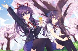 Rule 34 | 2girls, absurdres, blue sky, bow, cherry blossoms, city, date a live, food, grass, hair bow, hand up, highres, holding, holding ice cream cone, ice cream, ice cream cone, light rays, long hair, looking at viewer, multiple girls, open mouth, pleated skirt, purple eyes, purple hair, raizen high school uniform, red ribbon, ribbon, school uniform, seventh-natsu, shirt, sidelocks, skirt, sky, smile, straight hair, thighhighs, tree, uniform, white shirt, yatogami tooka, yatogami tooka (true form)