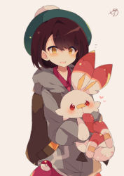 Rule 34 | 1girl, backpack, bag, blush, brown background, brown eyes, brown hair, collared shirt, commentary request, creatures (company), game freak, gen 8 pokemon, gloria (pokemon), green hat, grey jacket, hair between eyes, hat, heart, highres, hood, hood down, hooded jacket, hug, jacket, long sleeves, looking at viewer, muuran, nintendo, open mouth, parted lips, pokemon, pokemon (creature), pokemon swsh, puffy long sleeves, puffy sleeves, red eyes, red shirt, scorbunny, shirt, signature, simple background, tam o&#039; shanter, upper body