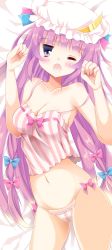Rule 34 | 1girl, bow, camisole, collarbone, crescent, crescent hair ornament, hair ornament, hat, hat bow, highres, long hair, lying, mob cap, navel, on back, one eye closed, panties, patchouli knowledge, purple eyes, purple hair, solo, stigma1101, striped clothes, striped panties, touhou, underwear, yawning