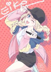 Rule 34 | 1girl, ;d, artist name, baseball cap, black hat, black shorts, blonde hair, blue eyes, braid, character name, dated, hat, hat tip, highres, holding, holding microphone, hood, hooded jacket, jacket, leg up, microphone, morishima noriko (noriko mrsm), no socks, one eye closed, open clothes, open jacket, open mouth, paripi koumei, pink background, shirt, shoes, shorts, signature, smile, sneakers, solo, star (symbol), starry background, teeth, tsukimi eiko, twin braids, upper teeth only, white shirt