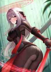 Rule 34 | 1girl, abeen jhong, arm guards, armor, armored bodysuit, ass, bamboo, bamboo forest, belt, blush, bodysuit, breasts, brown belt, brown bodysuit, energy sword, forest, goddess of victory: nikke, grey bodysuit, grey hair, hair intakes, halo, highres, holding, holding sword, holding weapon, japanese armor, large breasts, lightsaber, long hair, looking at viewer, looking back, mole, mole on ass, nature, nose blush, official alternate costume, orange eyes, parted lips, petals, red halo, red lightsaber, scarlet (black shadow) (nikke), scarlet (nikke), solo, sword, thighs, very long hair, weapon