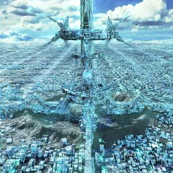 Rule 34 | absurdres, aircraft, airship, blue sky, building, city, cloud, highres, mountain, no humans, original, science fiction, sky, skyscraper, tajima haruki