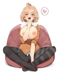Rule 34 | 1girl, :3, absurdres, aged up, alternate breast size, bean bag chair, black pantyhose, blonde hair, blush, breasts, breasts out, collared shirt, cum, cum in mouth, cum on hair, cunnilingus gesture, facial, full body, green eyes, green nails, half-closed eyes, heart, heart-shaped pupils, highres, indian style, large breasts, looking at viewer, millie parfait, nail polish, nijisanji, nijisanji en, nipples, no bra, off shoulder, open mouth, orange sweater, pantyhose, shirt, short hair, simple background, sitting, solo, spoken heart, striped clothes, striped pantyhose, sweater, symbol-shaped pupils, virtual youtuber, white background, white shirt, zijou