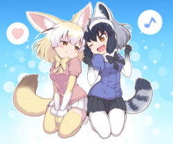 Rule 34 | 10s, 2girls, ;d, animal ears, black hair, black skirt, blonde hair, blush, bow, bowtie, breasts, brown eyes, commentary request, common raccoon (kemono friends), fang, fennec (kemono friends), fox ears, fox tail, fur trim, gloves, grey hair, heart, kemono friends, multicolored hair, multiple girls, musical note, one eye closed, open mouth, pantyhose, paw pose, pleated skirt, raccoon ears, raccoon tail, ransusan, short hair, short sleeves, skirt, small breasts, smile, spoken heart, spoken musical note, tail, thighhighs, v arms, white hair, white legwear, white skirt, yellow legwear