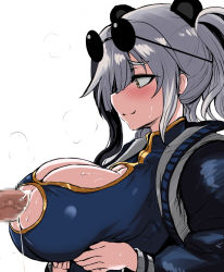 Rule 34 | 1boy, 1girl, arknights, bazooka cat, blush, breast hold, breasts, cleavage cutout, clothing cutout, cum, cumdrip, ejaculation between breasts, feater (arknights), from side, grey hair, huge breasts, paizuri, paizuri under clothes, penis, perpendicular paizuri, smile, sunglasses on head, white background