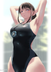 Rule 34 | 1girl, adjusting hair, armpits, arms behind head, black one-piece swimsuit, blurry, blurry background, breasts, brown hair, commentary request, competition swimsuit, jonsun, large breasts, looking at viewer, mami (jonsun), mole, mole under eye, one-piece swimsuit, original, outdoors, parted lips, pink eyes, short hair, solo, swimsuit, twitter username, wet