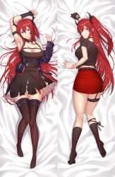 Rule 34 | 1girl, arknights, arm up, armlet, armpits, ass, bare shoulders, bed sheet, belt, black choker, black dress, black shirt, black socks, breasts, choker, cleavage, closed mouth, collarbone, commentary, dakimakura (medium), detached collar, dress, english commentary, highres, horns, infection monitor (arknights), kneehighs, kneepits, large breasts, long hair, long sleeves, looking at viewer, looking up, lying, miniskirt, multiple views, on back, on bed, on stomach, one side up, parted lips, pouch, red hair, red skirt, s-goon, shirt, short sleeves, skirt, socks, soles, surtr (arknights), thigh strap, thighhighs, v-shaped eyebrows, very long hair, zettai ryouiki