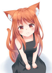Rule 34 | absurdres, angry, animal ear fluff, animal ears, bare arms, black dress, blush, breasts, brown eyes, brown hair, cat ears, cat girl, cat tail, closed mouth, dress, from above, highres, koucha (edo krisna 5), long dress, long hair, looking at viewer, looking up, medium breasts, pout, simple background, sleeveless, sleeveless dress, tail, v-shaped eyebrows, white background