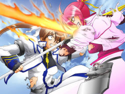 Rule 34 | 00s, 2girls, battle, blood, brown hair, flaming sword, flaming weapon, grin, jacket, levantine, lyrical nanoha, magical girl, mahou shoujo lyrical nanoha strikers, multiple girls, open clothes, open jacket, pink hair, ponytail, raising heart, red hair, side ponytail, signum, smile, takamachi nanoha, torn clothes, waist cape, white devil
