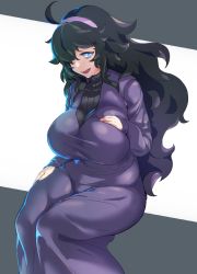 Rule 34 | 1girl, ahoge, alternate breast size, bags under eyes, black hair, blue eyes, breasts, chuuhiji elc, creatures (company), dress, game freak, hair over one eye, hairband, hex maniac (pokemon), highres, large breasts, long hair, looking at viewer, messy hair, nintendo, open mouth, plump, pokemon, pokemon xy, purple hairband, ribbed sweater, sitting, smile, solo, sweatdrop, sweater