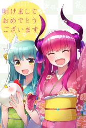 Rule 34 | 2017, 2girls, alternate costume, aqua hair, aqua kimono, bird, chabashira (otya), chicken, closed eyes, commentary request, curled horns, doll, dragon horns, elizabeth bathory (fate), elizabeth bathory (fate/extra ccc), facing viewer, fate/grand order, fate (series), floral print, highres, horns, japanese clothes, kimono, kiyohime (fate), looking at viewer, multiple girls, new year, obi, open mouth, pink hair, pink kimono, sash, smile, translation request, upper body, wide sleeves, yellow eyes