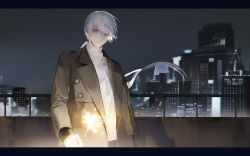 Rule 34 | 1boy, blurry, blurry foreground, brown coat, building, buttons, cityscape, closed mouth, coat, commentary, english commentary, fireworks, floating hair, highres, light smile, long hair, long sleeves, looking down, low ponytail, male focus, night, night sky, open clothes, open coat, outdoors, railing, red eyes, ribbed sweater, shadow, sky, sleepless (wrysmile), solo, sparkler, star (sky), starry sky, susanghan messenger, sweater, symbol-only commentary, turtleneck, turtleneck sweater, upper body, white hair, white sweater, zen (susanghan messenger)