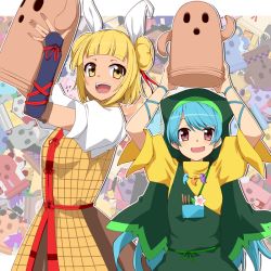 Rule 34 | 2girls, :d, apron, arm ribbon, armor, armored dress, arms up, blonde hair, blue eyes, blunt bangs, commentary request, double bun, dress, flower, green apron, green headwear, hair bun, hair ribbon, haniwa (statue), haniyasushin keiki, hemogurobin a1c, holding, hood, jewelry, joutouguu mayumi, long hair, looking at viewer, magatama, magatama necklace, multicolored background, multiple girls, necklace, open mouth, puffy short sleeves, puffy sleeves, purple eyes, ribbon, shirt, short hair, short sleeves, single strap, smile, swept bangs, teeth, tools, touhou, upper teeth only, vambraces, very long hair, white shirt, yellow dress, yellow eyes