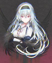 Rule 34 | 1girl, absurdres, black gloves, chromatic aberration, cropped torso, crossed arms, facial scar, girls&#039; frontline, gloves, hair between eyes, highres, long hair, looking at viewer, neck ribbon, pottsness, red eyes, red ribbon, ribbon, scar, scar on cheek, scar on face, scar on neck, shirt, solo, thunder (girls&#039; frontline), white hair, white shirt