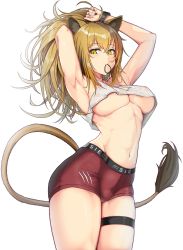 Rule 34 | 1girl, animal ear fluff, animal ears, arknights, armpits, arms up, black nails, blonde hair, boyshort panties, breasts, commentary request, covered erect nipples, crop top, hair tie, highres, legs together, lion ears, lion tail, medium breasts, mouth hold, nail polish, navel, no bra, short shorts, shorts, siege (arknights), simple background, solar (happymonk), solo, standing, sweat, tail, tank top, thigh strap, underboob, white background, white tank top, yellow eyes