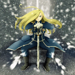 Rule 34 | 1girl, amestris military uniform, black footwear, blonde hair, blue coat, blue eyes, blue pants, boots, coat, floating hair, full body, fullmetal alchemist, gloves, hair over one eye, highres, holding, holding sword, holding weapon, long hair, long sleeves, looking at viewer, medal, nachan1026, olivier mira armstrong, pants, signature, sitting, snow, solo, sword, weapon, white gloves
