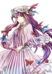 Rule 34 | 1girl, bad id, bad pixiv id, blunt bangs, bow, crescent, female focus, hair bow, hair ribbon, hat, long hair, multiple hair bows, patchouli knowledge, purple eyes, purple hair, ribbon, robe, solo, ssz, striped, szuinyo, touhou