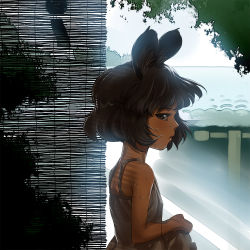 Rule 34 | 1girl, alternate costume, animal ears, bamboo screen, bare arms, bare shoulders, building, commentary request, grey eyes, grey hair, looking at viewer, mouse ears, nazrin, shinburu, shirt, short hair, sleeveless, sleeveless shirt, solo, sweat, touhou, upper body, wind chime