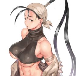 Rule 34 | 1girl, abs, ahoge, antenna hair, areola slip, bare shoulders, blush, breasts, capcom, from side, grey eyes, hair slicked back, ibuki (street fighter), large breasts, long hair, muscular, navel, ninja, nipples, no bra, open mouth, perky breasts, shu-mai, simple background, solo, street fighter, street fighter iii (series), street fighter v, undressing, very long hair, white background