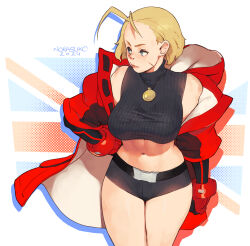 Rule 34 | 1girl, abs, arm at side, belt, blonde hair, blue eyes, breasts, cammy white, coat, crop top, facial scar, hand on own hip, highres, jewelry, large breasts, legs together, looking to the side, necklace, norasuko, official alternate costume, red coat, scar, scar on cheek, scar on face, short hair, sleeveless, sleeveless turtleneck, solo, street fighter, street fighter 6, thighs, toned, turtleneck