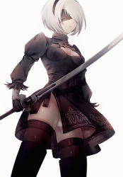Rule 34 | 1girl, android, bananaxcs7, black thighhighs, blindfold, boots, breasts, dress, gloves, holding, holding weapon, juliet sleeves, katana, leotard, long sleeves, mole, mole under mouth, nier (series), nier:automata, pale skin, patterned clothing, puffy sleeves, shiny skin, short hair, simple background, sketch, solo, sword, thigh boots, thighhighs, thighs, weapon, white hair, 2b (nier:automata)