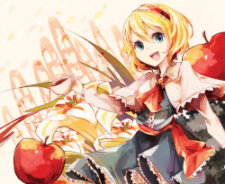 Rule 34 | 1girl, alice margatroid, apple, ascot, blonde hair, blue eyes, capelet, cup, female focus, flower, food, fruit, hairband, kaio (watagami), leaf, long sleeves, mini person, minigirl, open mouth, solo, tea, teacup, touhou