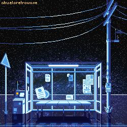 Rule 34 | abueloretrowave, bench, bus stop, glasses, highres, light, night, night sky, no humans, original, outdoors, pixel art, poster (object), reflection, reflective floor, reflective water, road sign, sign, sky, space, star (sky), water, wire