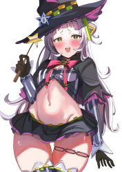 Rule 34 | 1girl, absurdres, arched bangs, black capelet, black gloves, black hat, black skirt, blush, breasts, capelet, cleavage, commentary request, cropped shirt, gloves, grey hair, grey shirt, grey thighhighs, hair bun, hat, highres, holding, holding wand, hololive, long hair, looking at viewer, microskirt, murasaki shion, murasaki shion (1st costume), open mouth, shirt, short eyebrows, single hair bun, skirt, small breasts, smile, solo, striped clothes, striped shirt, striped thighhighs, thighhighs, vertical-striped clothes, vertical-striped shirt, vertical-striped thighhighs, virtual youtuber, wand, white background, witch hat, yellow eyes, yusuharamochi