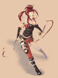 Rule 34 | 1girl, black footwear, blood, boots, breasts, brown background, cleavage, dagger, full body, grey eyes, injury, kira (mortal kombat), knee boots, knife, midway, mortal kombat (series), red hair, simple background, solo, sumi tanto, tattoo, twintails, weapon