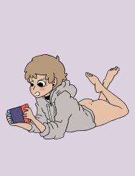 Rule 34 | 1girl, absurdres, ass, bottomless, choker, full body, highres, incredibly absurdres, lying, nintendo switch, on stomach, playing games, short hair, sweater, the pose