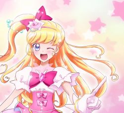 Rule 34 | 1girl, ;d, asahina mirai, blonde hair, bow, cure miracle, gem, gloves, hair bow, hakuchuu, half updo, hat, highres, index finger raised, long hair, looking at viewer, magical girl, mahou girls precure!, mini hat, mini witch hat, one eye closed, open mouth, pink bow, pink hat, ponytail, precure, puffy sleeves, purple eyes, smile, solo, star (symbol), starry background, upper body, white gloves, witch hat