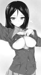 Rule 34 | 10s, 1girl, areola slip, blush, bra, bra pull, breasts, breasts out, clothes pull, girls und panzer, greyscale, highres, large breasts, looking at viewer, monochrome, nipples, nonna (girls und panzer), simple background, smile, solo, underwear, yoi naosuke