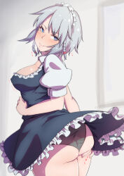 Rule 34 | 1girl, ass, black panties, black skirt, black vest, blue eyes, blush, braid, breasts, closed mouth, commentary request, covered erect nipples, cowboy shot, frilled skirt, frills, from behind, grey hair, hand on own ass, heart, heart-shaped pupils, highres, izayoi sakuya, large breasts, looking at viewer, looking back, maid, maid headdress, panties, puffy short sleeves, puffy sleeves, pussy juice, short hair, short sleeves, skirt, solo, symbol-shaped pupils, touhou, twin braids, underwear, vest, yocchi (tenyunkel)