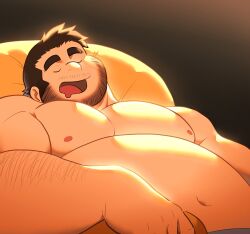 Rule 34 | 1boy, arm hair, bara, beard stubble, big belly, closed eyes, david lee (d lee1234), drooling, facial hair, fat, fat man, highres, huge eyebrows, large pectorals, lying, male focus, mature male, mouth drool, muscular, muscular male, navel, nipples, on back, original, pectorals, short hair, sideburns, solo, stubble, topless male, u u
