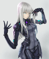 Rule 34 | 1girl, arm up, artist request, black bodysuit, blame!, blunt bangs, bodysuit, breasts, cibo, closed mouth, cowboy shot, cyborg, expressionless, glowing, grey background, highres, joints, long hair, looking at viewer, mechanical arms, medium breasts, no pupils, pale skin, prosthesis, ribbed bodysuit, robot joints, silver hair, simple background, single mechanical arm, solo, standing, waist cape, white eyes
