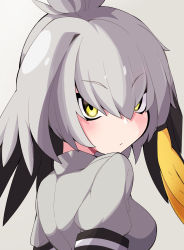 Rule 34 | 1girl, bad id, bad pixiv id, black hair, blush, closed mouth, collared shirt, commentary, from side, grey background, grey hair, grey shirt, hair between eyes, hair tie, head wings, highres, kemono friends, light frown, long hair, looking at viewer, looking back, multicolored hair, orange hair, portrait, shirt, shoebill (kemono friends), side ponytail, sidelocks, simple background, solo, takom, wings, yellow eyes