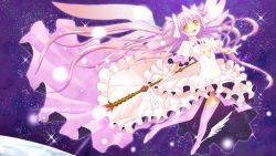 Rule 34 | 10s, 1girl, absurdly long hair, ankle wings, boots, bow, breasts, choker, dress, full body, gloves, hair bow, highres, jewelry, kaname madoka, layered dress, lights, long hair, looking at viewer, mahou shoujo madoka magica, mahou shoujo madoka magica (anime), mizuna (water emp-tei), open mouth, pendant, pink footwear, pink hair, pink thighhighs, planet, short sleeves, smile, solo, space, spoilers, staff, star (sky), thighhighs, two side up, ultimate madoka, very long hair, white dress, white gloves, wings, yellow eyes