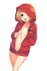 Rule 34 | 10s, 1girl, :d, breasts, brown eyes, brown hair, christmas, cleavage, convenient censoring, dutch angle, hand in pocket, hood, hooded jacket, hoodie, idolmaster, idolmaster cinderella girls, jacket, kazuma muramasa, kitami yuzu, naked hoodie, navel, open clothes, open hoodie, open mouth, short hair, simple background, sleeves past wrists, small breasts, smile, solo, white background