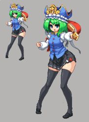 Rule 34 | 1girl, bad id, bad twitter id, black footwear, black skirt, black thighhighs, blue eyes, blue hat, buttons, green hair, grey background, hat, long sleeves, looking at viewer, miniskirt, namako daibakuhatsu, pixel art, pleated skirt, ribbon-trimmed skirt, ribbon trim, rod of remorse, shiki eiki, shoes, simple background, skindentation, skirt, solo, standing, thighhighs, touhou, vest