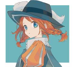 Rule 34 | 1girl, absurdres, alternate costume, aqua eyes, border, braid, bright pupils, cloak, collared shirt, commentary, creatures (company), from side, game freak, green background, green cloak, green hat, hat, highres, ittumozzz, jacket, looking to the side, nintendo, orange hair, orange jacket, pokemon, pokemon colosseum, puffy sleeves, rui (pokemon), shirt, solo, twin braids, twintails, upper body, white border, white pupils, white shirt