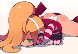 Rule 34 | 1girl, android, ass, blonde hair, blush, boots, call (mighty no. 9), dress, green eyes, hair ribbon, headphones, headset, highres, long hair, lying, mighty no. 9, on stomach, open mouth, panties, pink dress, ponytail, ribbon, robot, solo, striped, striped sleeves, sweat, sweatdrop, symbol-shaped pupils, underwear, white panties, x x, zankuro