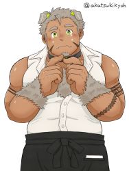 Rule 34 | 1boy, akatsuki (@akatsukikyoh), animal ears, bad id, bad twitter id, bara, bare shoulders, blush, body fur, butler, chest hair, dog boy, dog ears, facial hair, fidgeting, goatee, gomeisa (live a hero), green eyes, grey hair, highres, index fingers together, large pectorals, live a hero, long sideburns, looking at viewer, male focus, muscular, nervous, pectorals, short hair, sideburns, sleeveless, solo, tattoo, tearing up, tribal tattoo, upper body
